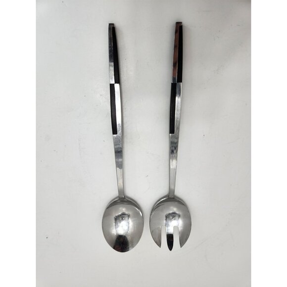 Mid Century Salad Servers Stainless Steel Black/Silver Handle Japan Spoon - Picture 2 of 9